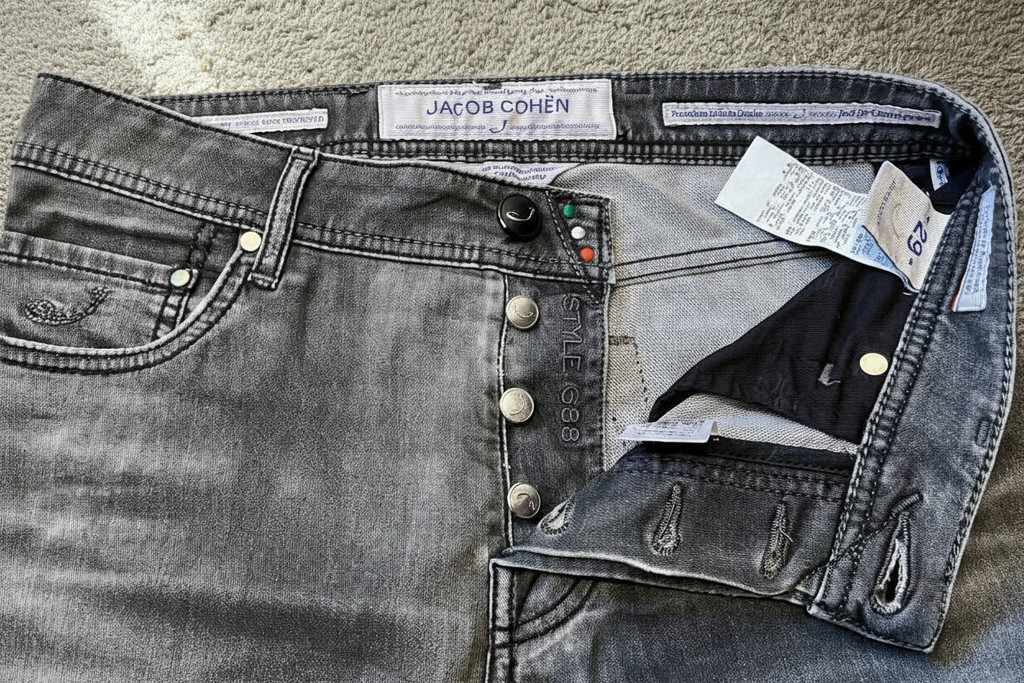 Jacob Cohen Jeans - Detalj midje med teppebakgrunn