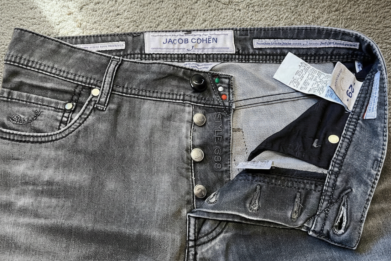 Jacob Cohen Jeans - Detalj midje med teppebakgrunn