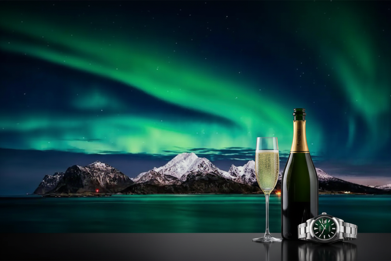 Northern Lights Header with Champagne and Watch